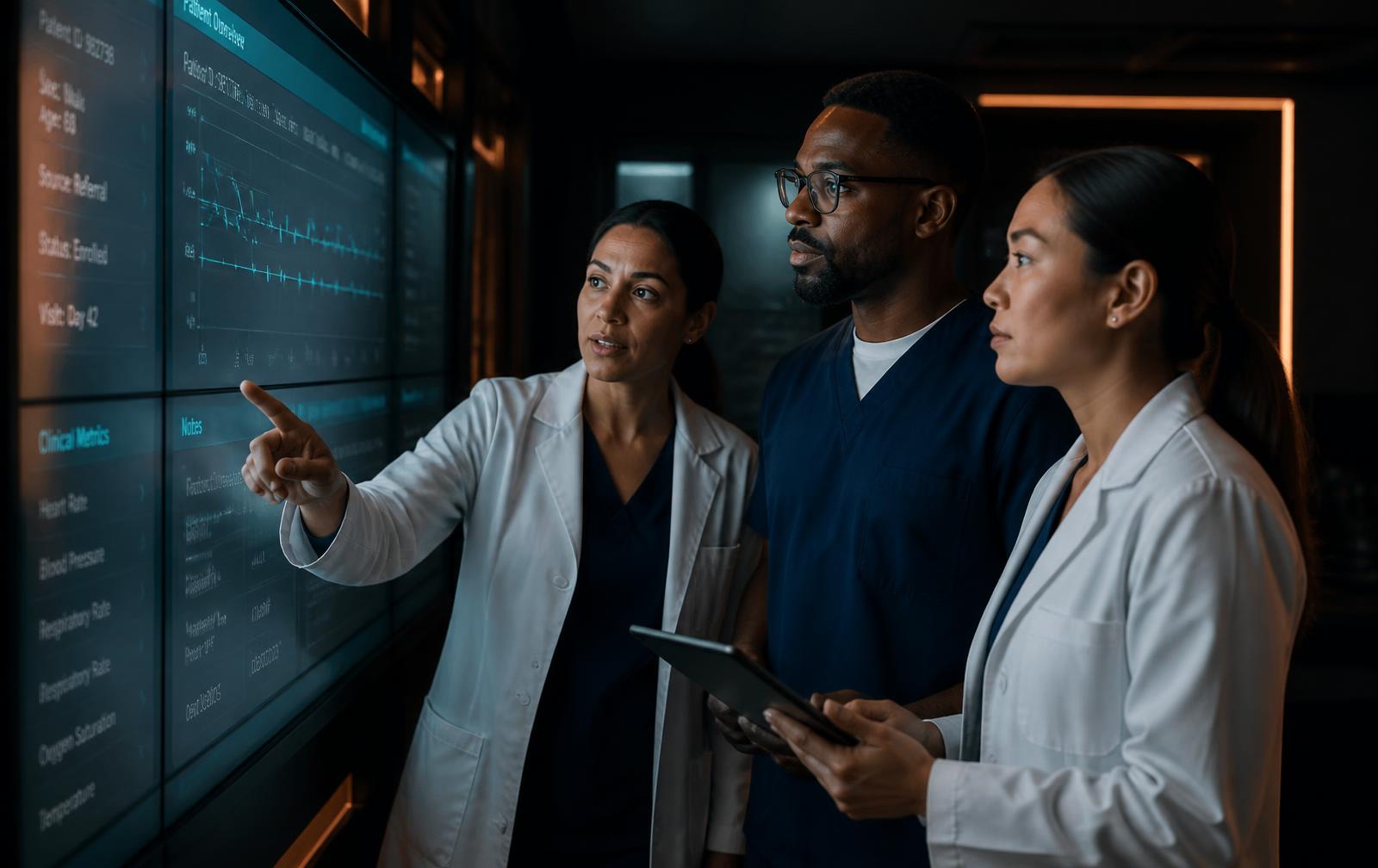 Clinical research professionals reviewing participant data on a wall display
